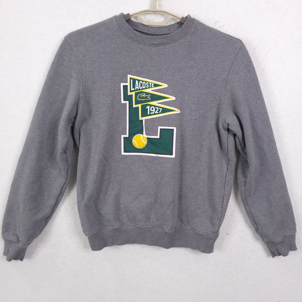 Vintage Lacoste Sweatshirt Mens S Gray Graphic Tennis 1927 Collegiate Crewneck